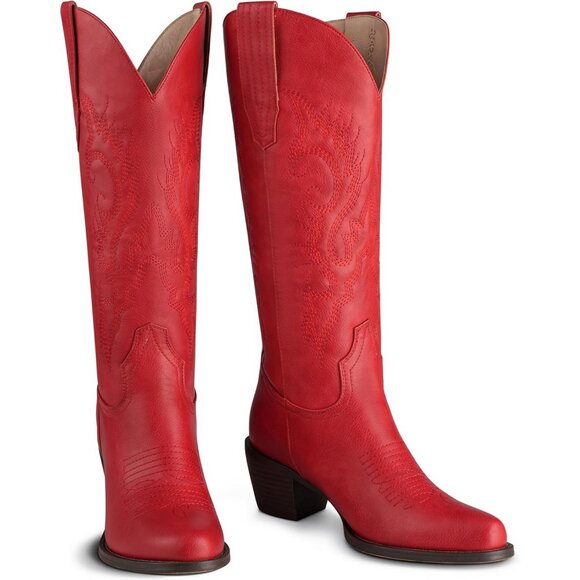 ⚡Womens 411/Red Polyurethane Cowboy Knee High Pointed Toe Chunky Heel Boots - Picture 1 of 8